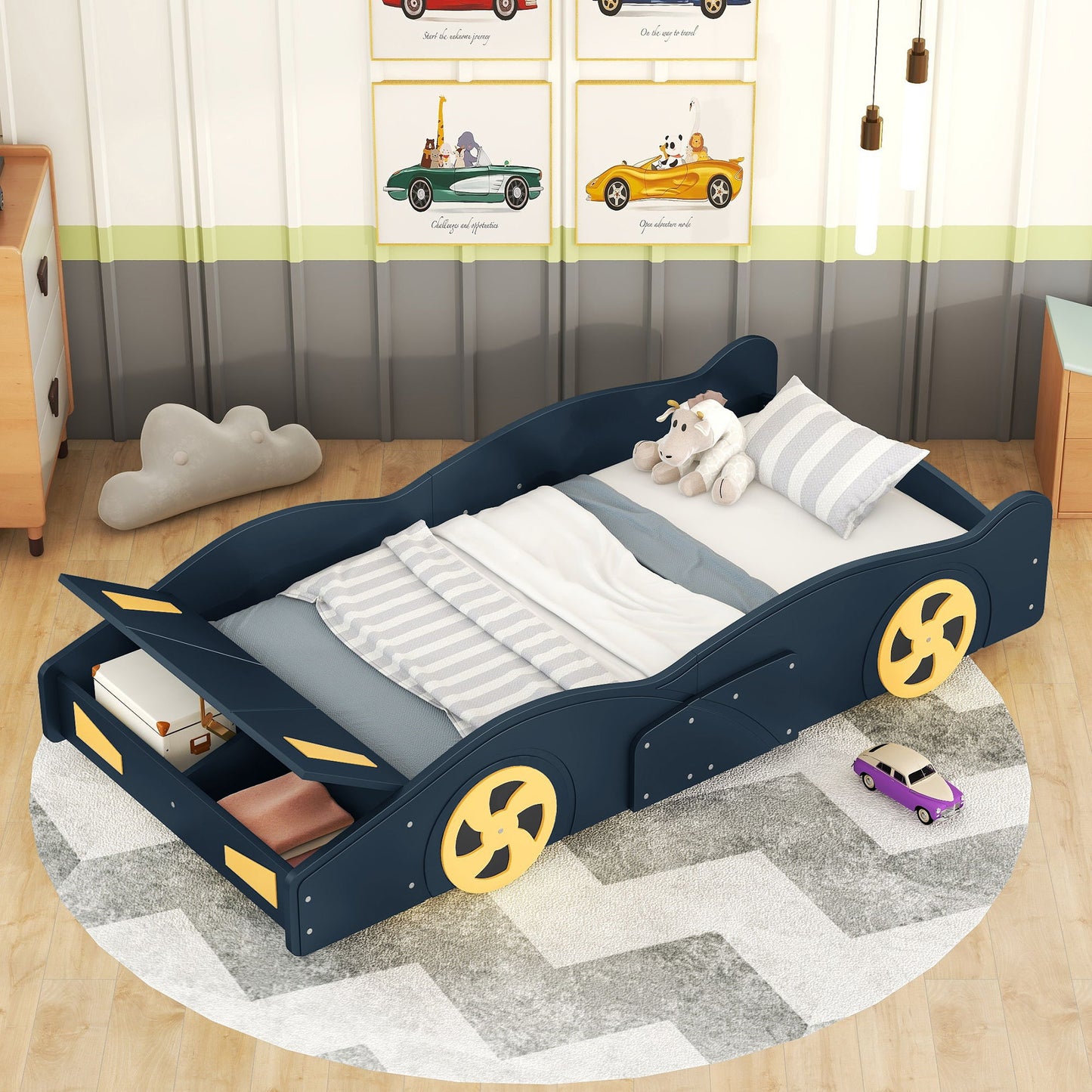 Race Car Shaped Platform Bed With Wheels And Storage