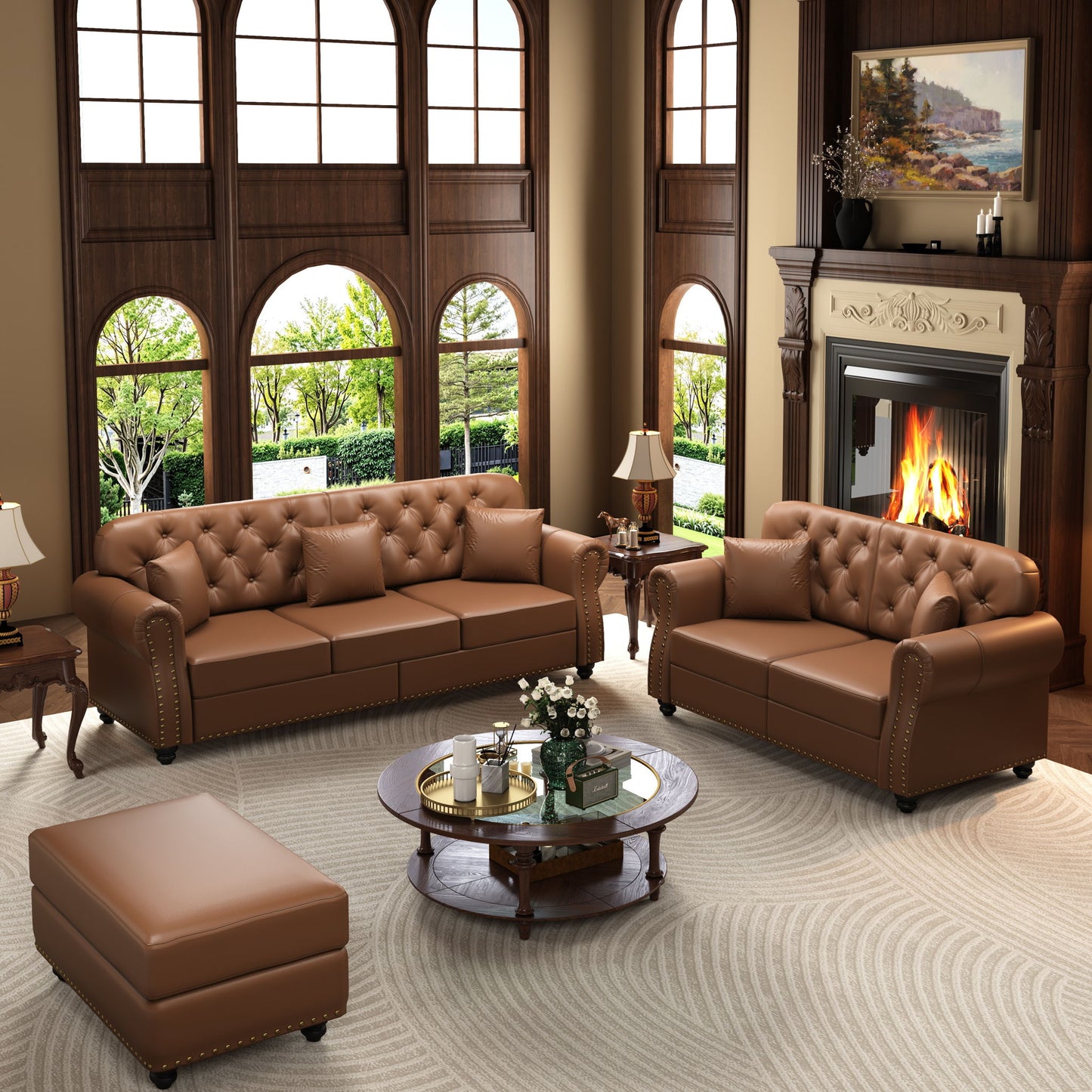 Upholstered Sofa With Nailhead Trim, Rolled Armrests With Ottoman