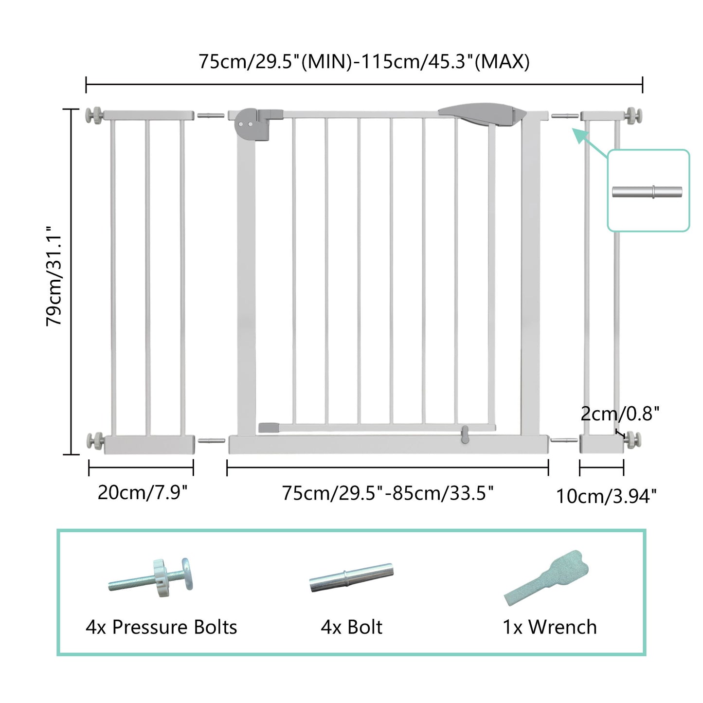 Pressure Mounted Baby Gate For Stairs - White