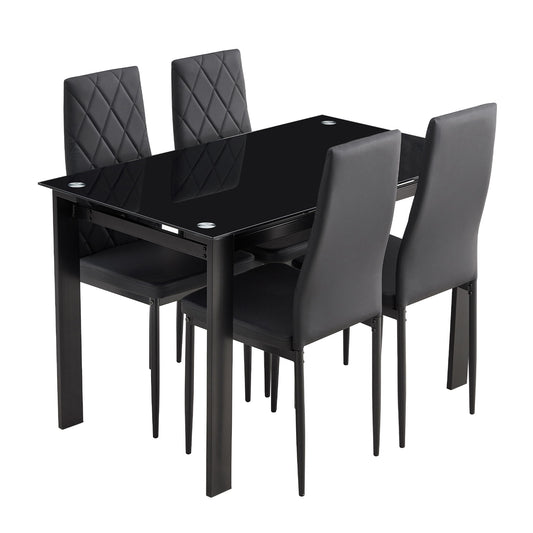 Modern 5 Piece Dining Table Set With Glass Top And Chairs - Black
