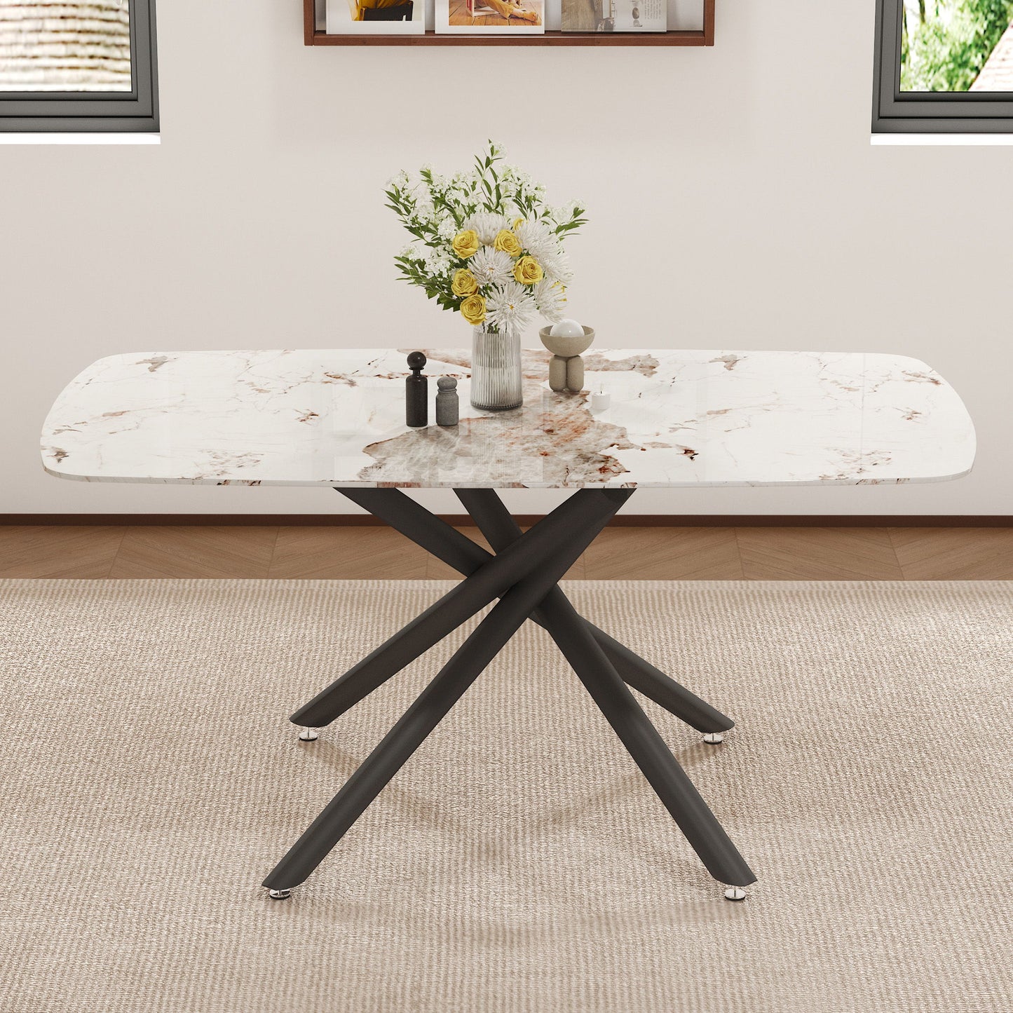 Luxurious Marble Patterned Dining Table With Metal Fork Legs