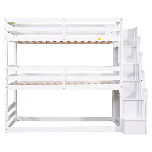 Twin Size Triple Bunk Bed With Storage Staircase, Separate Design - White