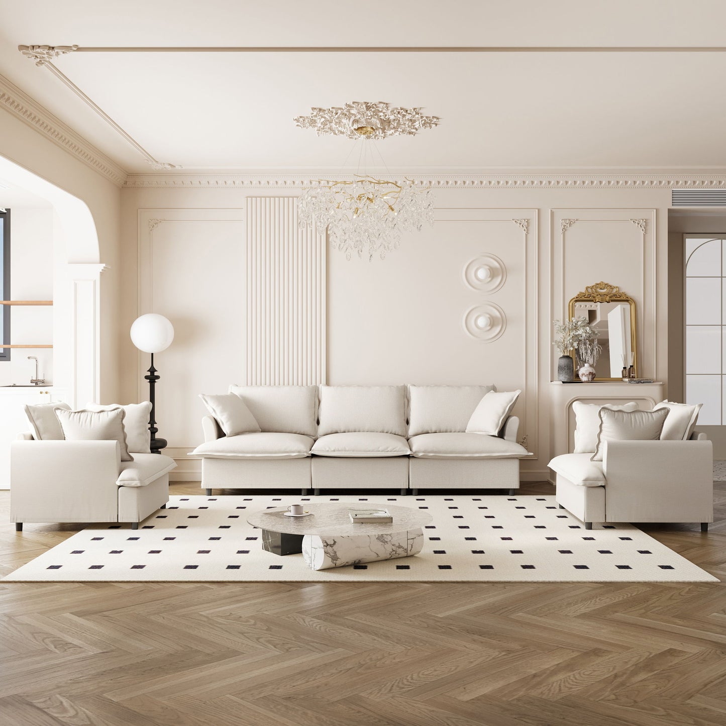 Living Room Set Modular Sectional Couch, Upholstered Sofa & Armchair & Movable Ottoman