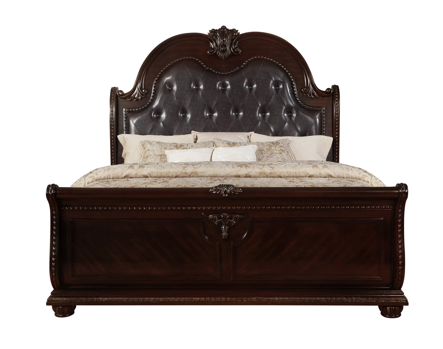 Traditional Queen Arched Panel Bed with Button-Tufted Headboard and Nailheads