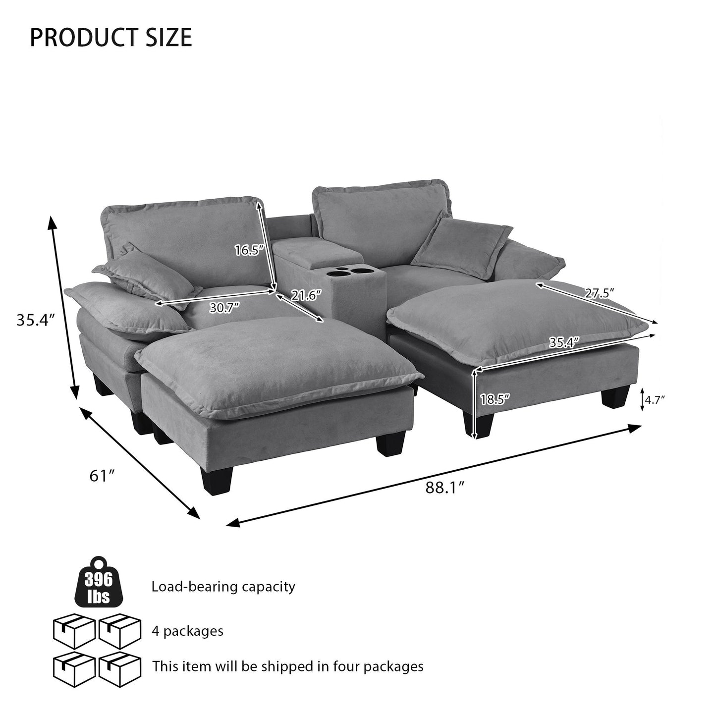 Modular Cloud Couch Sofa With Cup Holders & Storage, USB Port