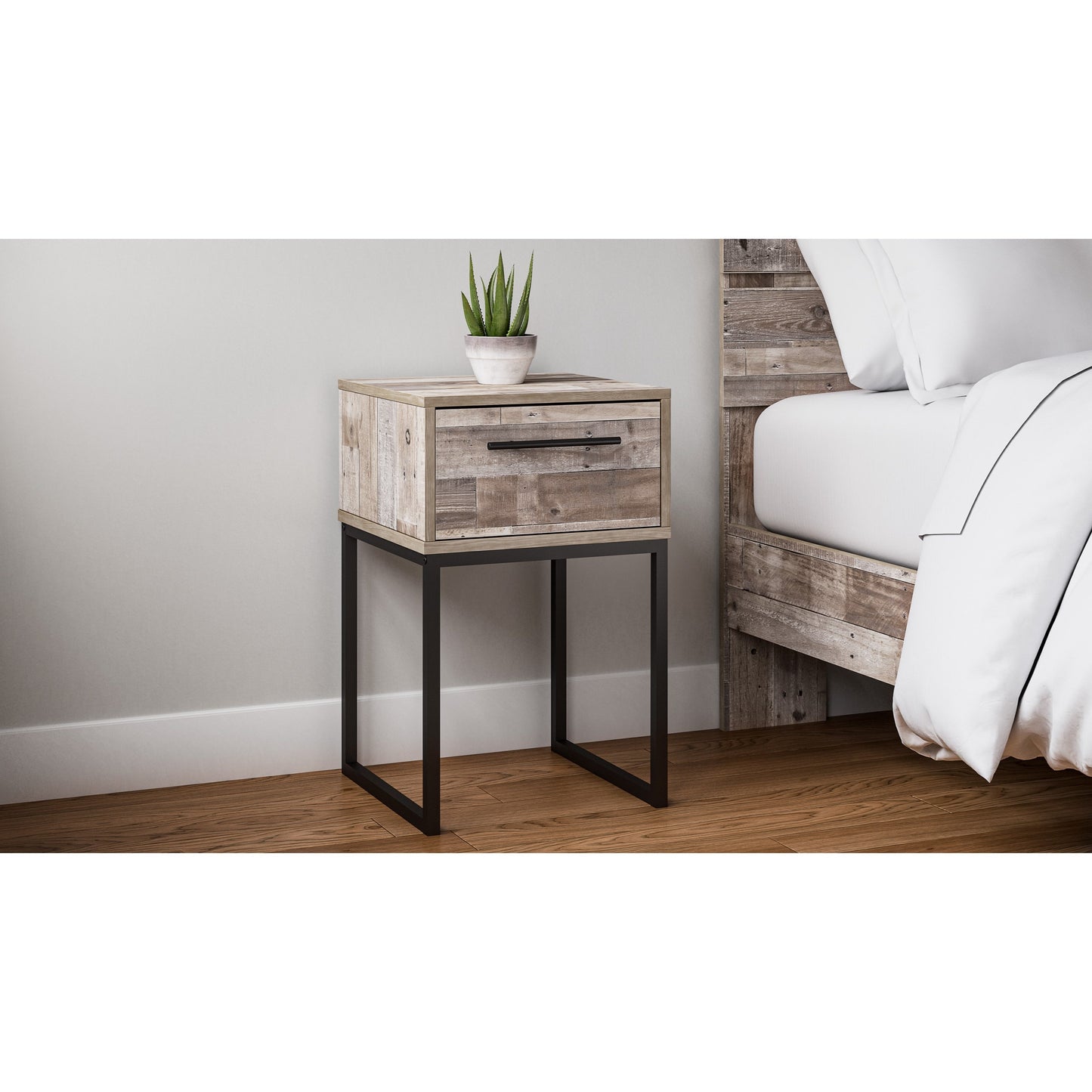 Rustic 1-Drawer Nightstand with Butcher Block Pattern and Metal Sled Legs