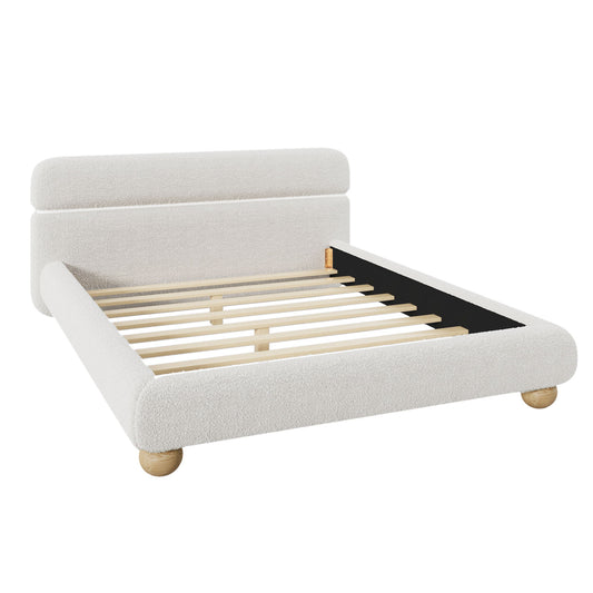 Queen Size Contemporary Low Profile Upholstered Bed With Teddy Fleece Boucle Fabric And Solid Round Legs - White