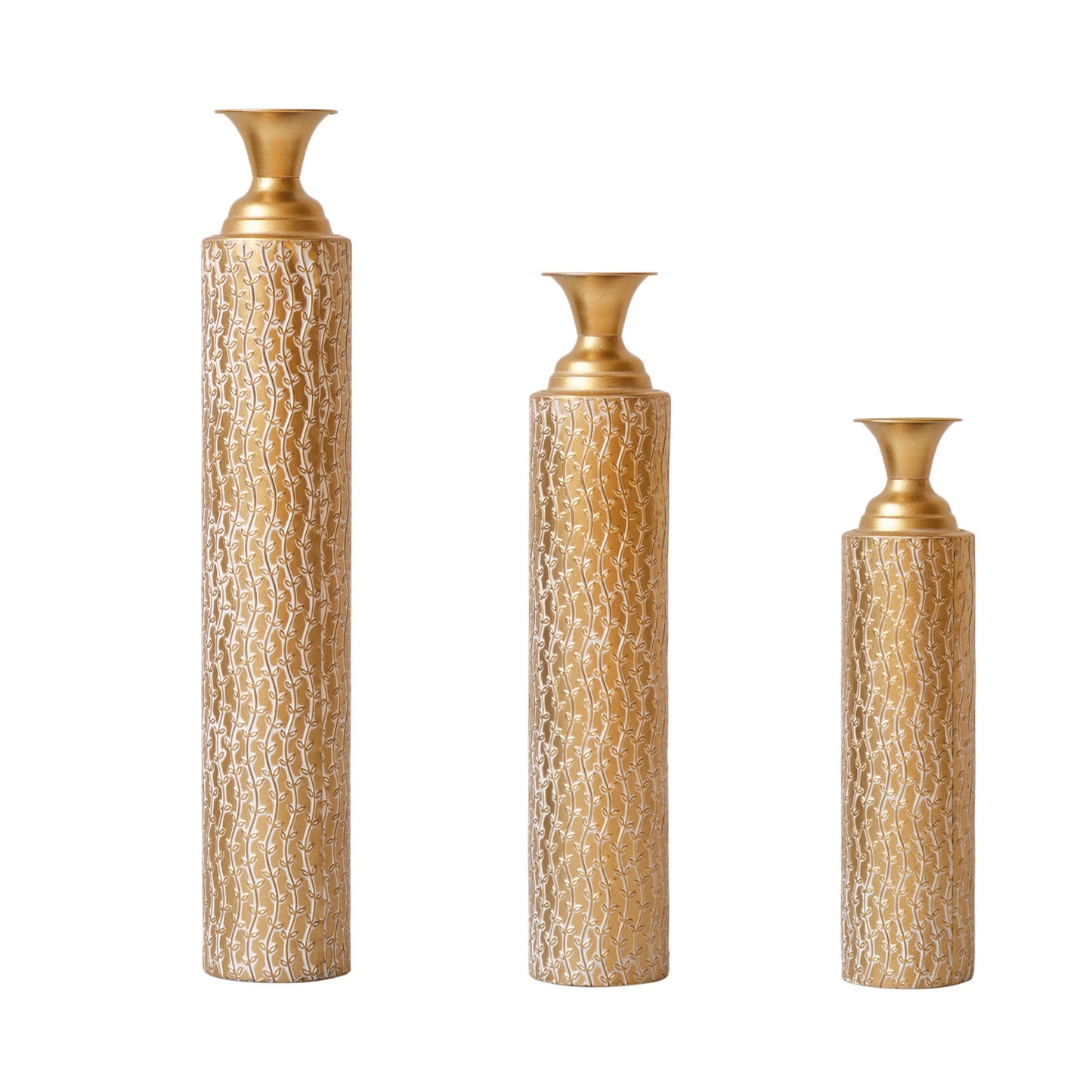 Metal Decorative Vases High Distress Metal Center Vases With Growing Vine Patterns, (Set of 3) Vases For Home Decoration - Gold