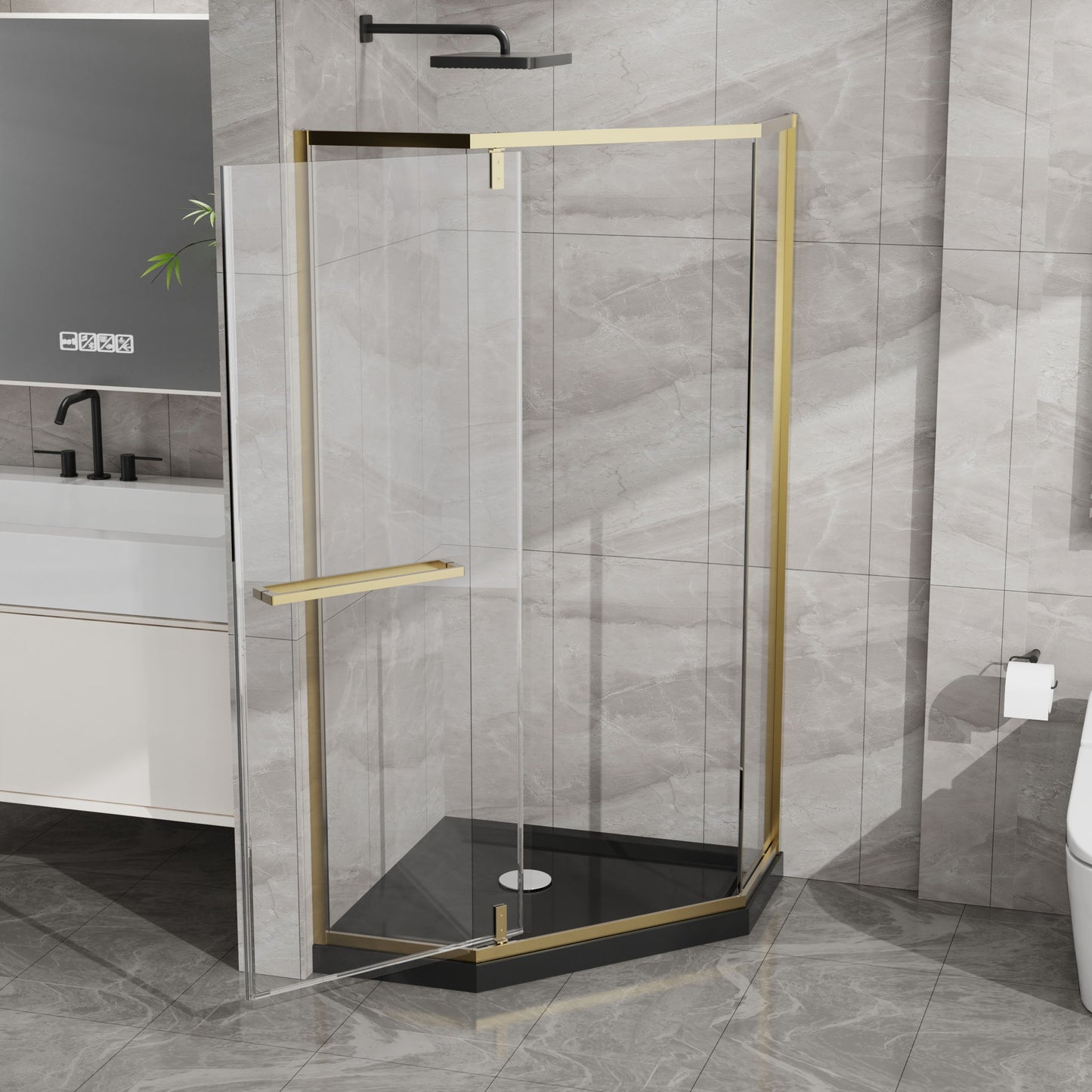 Goodyo - Neo-Angle Frameless Shower Door Corner Enclosure With Acrylic Shower Base Combo, Pivot Shower Door