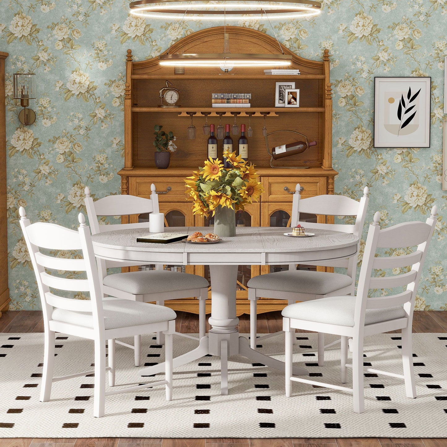 5 Piece Retro Functional Dining Table Set With Extendable Round Table And Upholstered Chairs