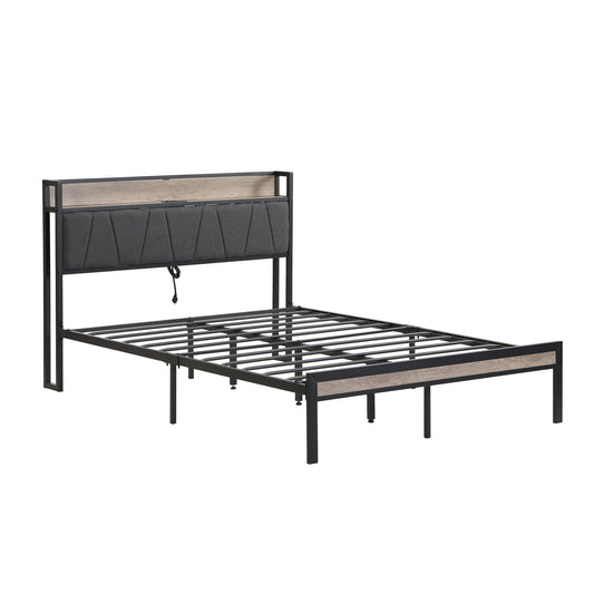 Modern Bed Frame With LED Lights, Upholstered Headboard, USB Charging