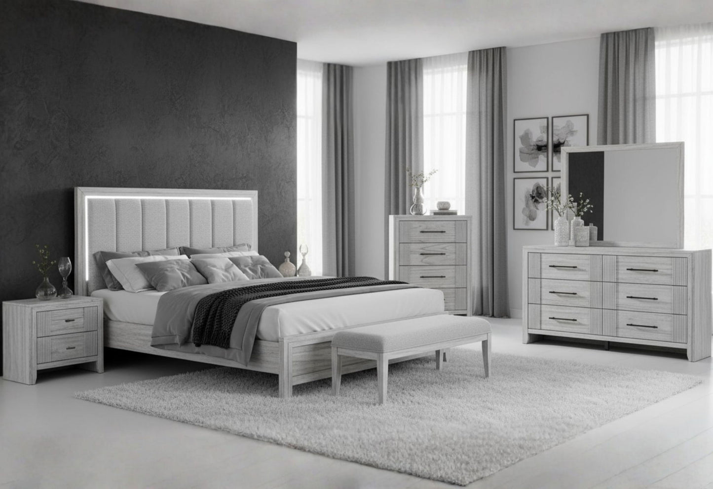 Elsie - King Bed With LED - Light Gray