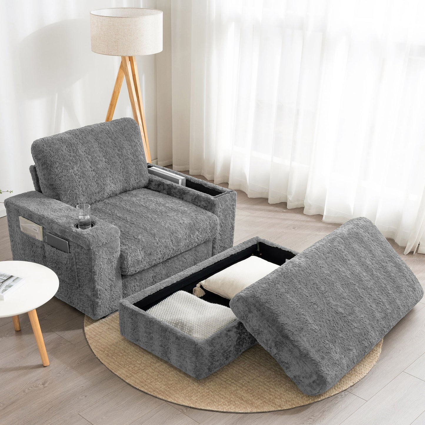 Oversized Chaise Lounge Indoor Rabbit Fur Sofa Bed With Storage Ottoman And Armrests Cup Holders With Deep Seat