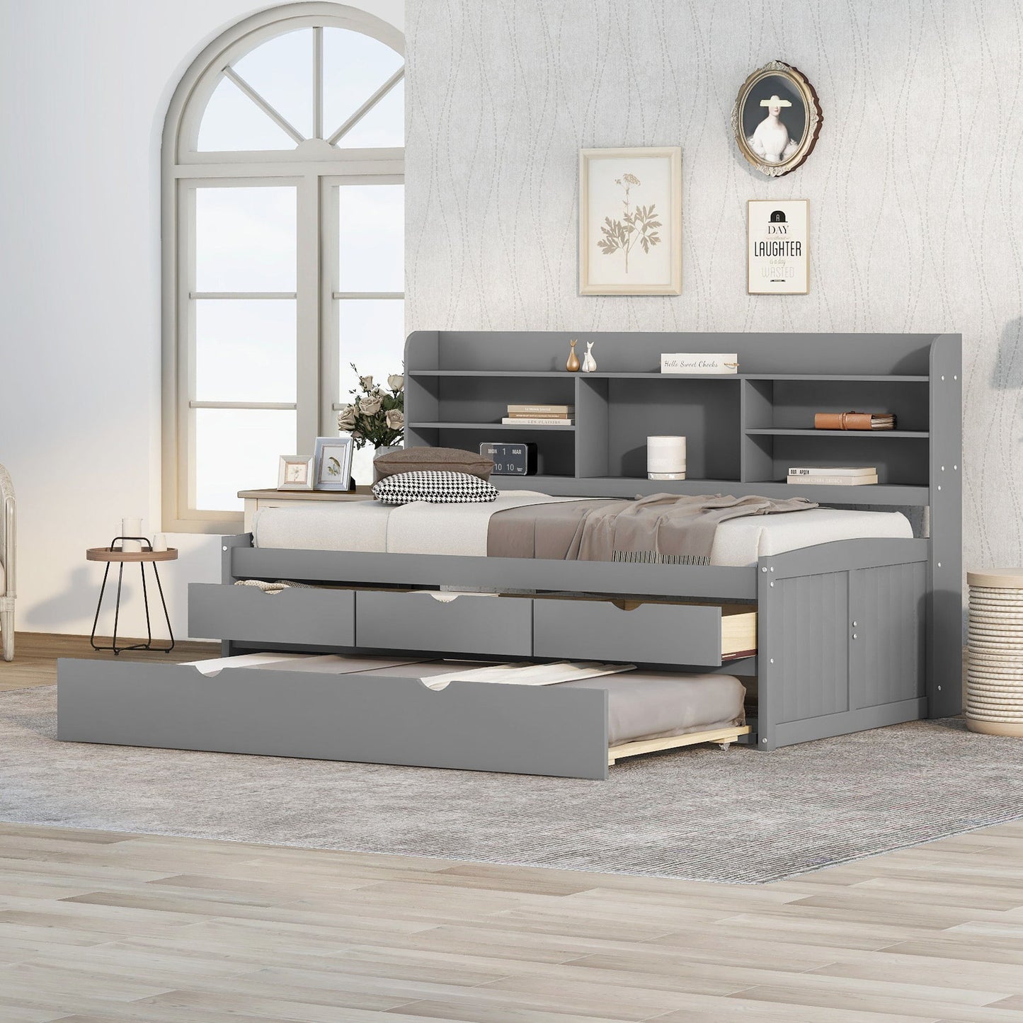 Captain Bed With Built In Bookshelves, 3 Storage Drawers, And Trundle
