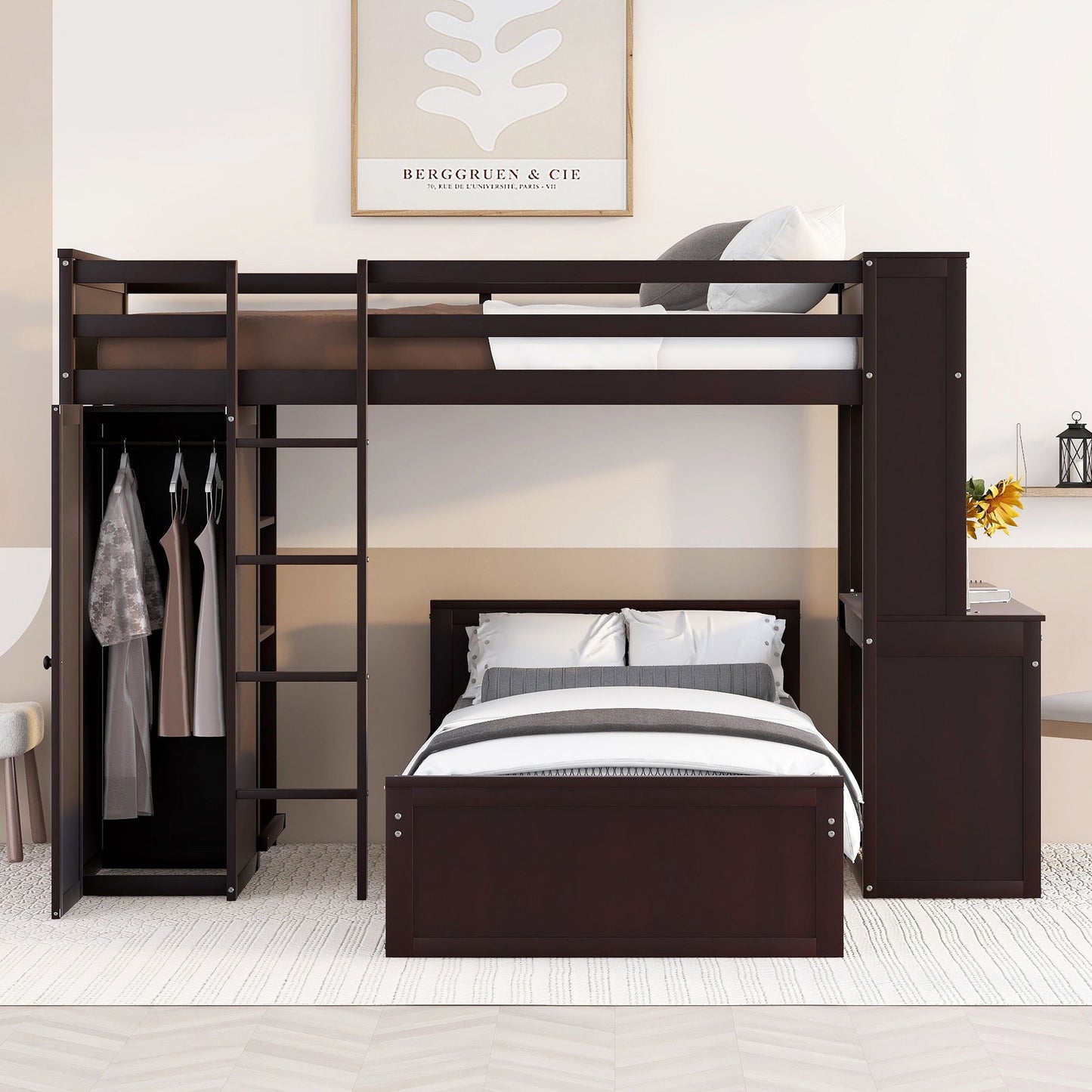 Loft Bed With A Stand Alone Bed, Shelves, Desk, And Wardrobe