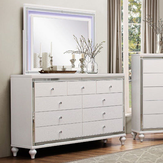 Glam Dresser and LED Lit Mirror Combo with Mirrored Inlays and Embossed Alligator Texture