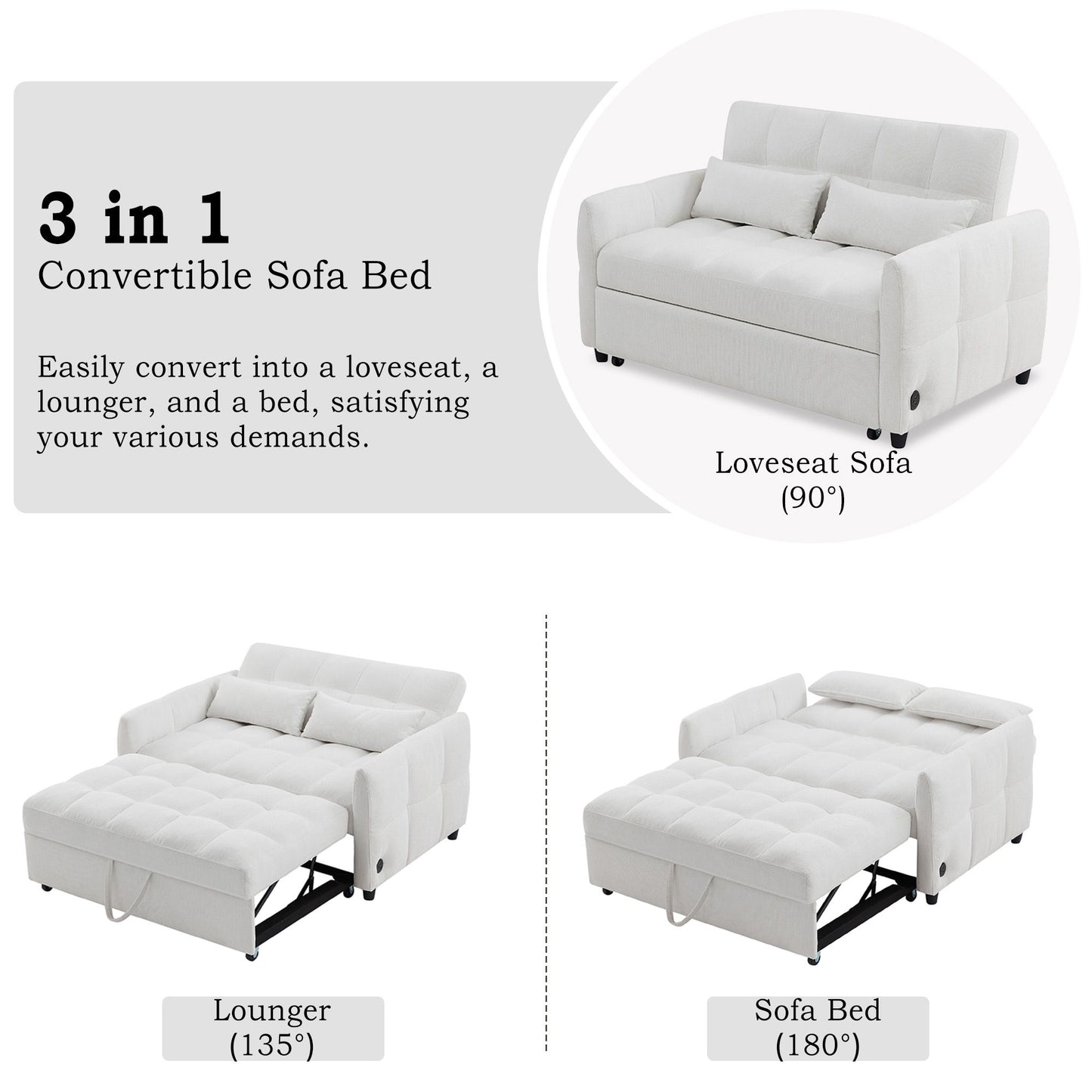 Loveseat Sofa Pull-Out Bed With Adjustable Backrest, 3 USB Ports And 2 Lumbar Pillows For Living Room