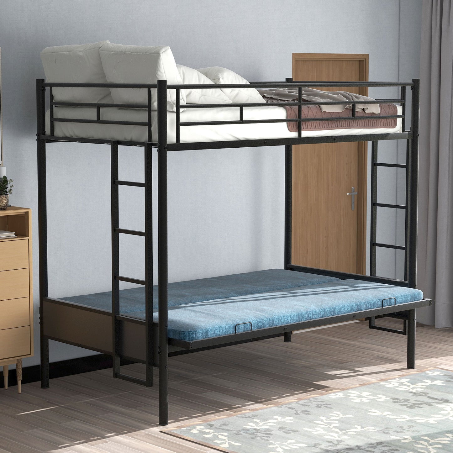 Twin Over Full Bunk Bed, Multi Function - Black