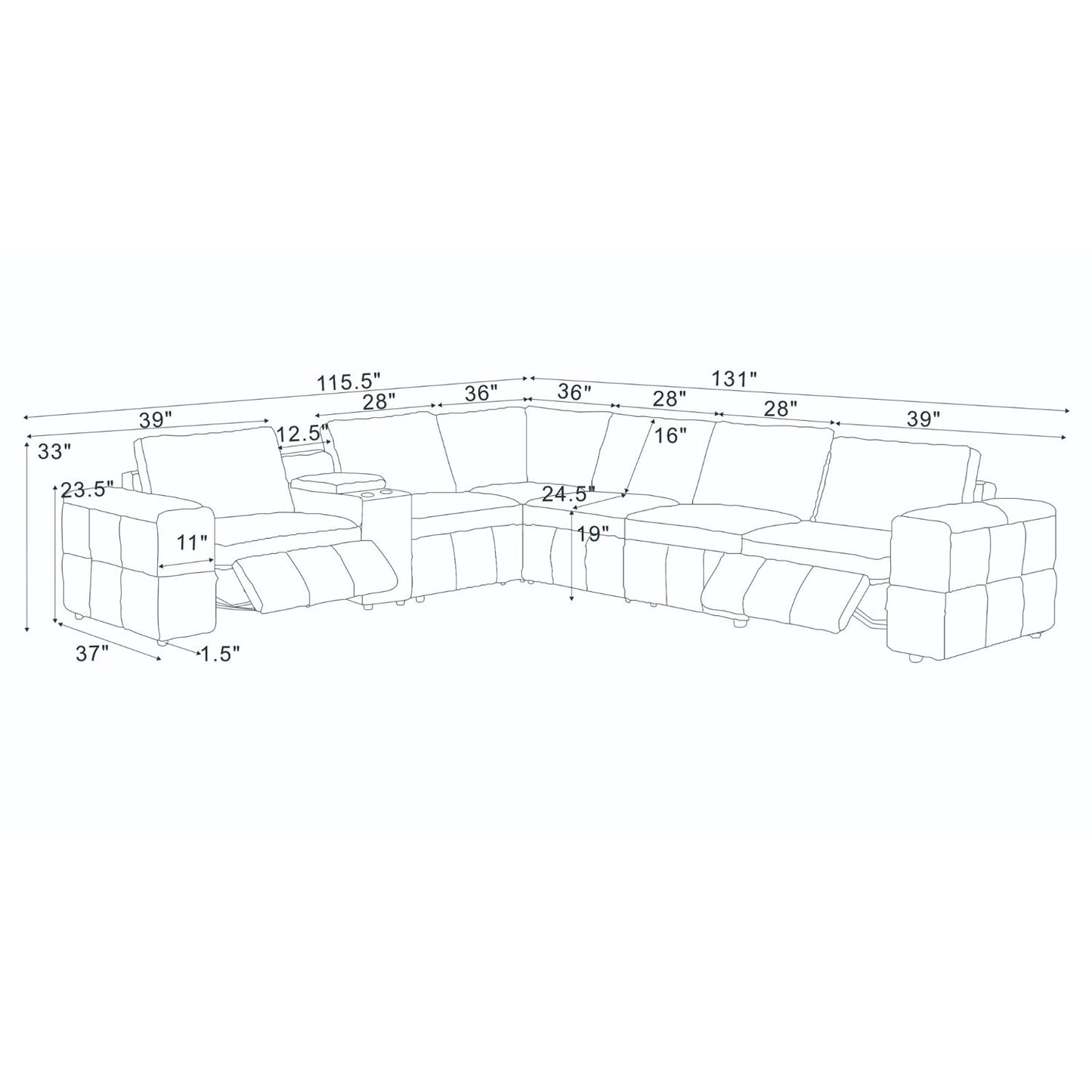 Upholstered Large Arms Sectional With Recliner Seats