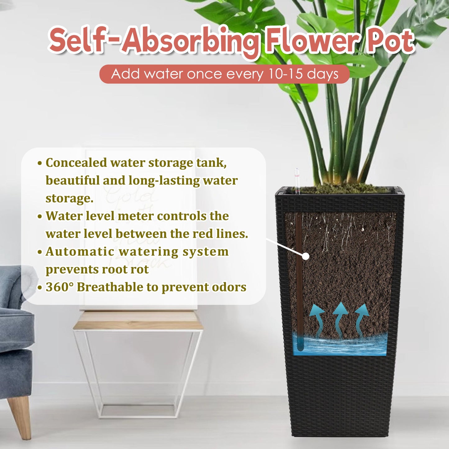 Large Self Watering Flower Pot With Drainage Holes & Inner Tray