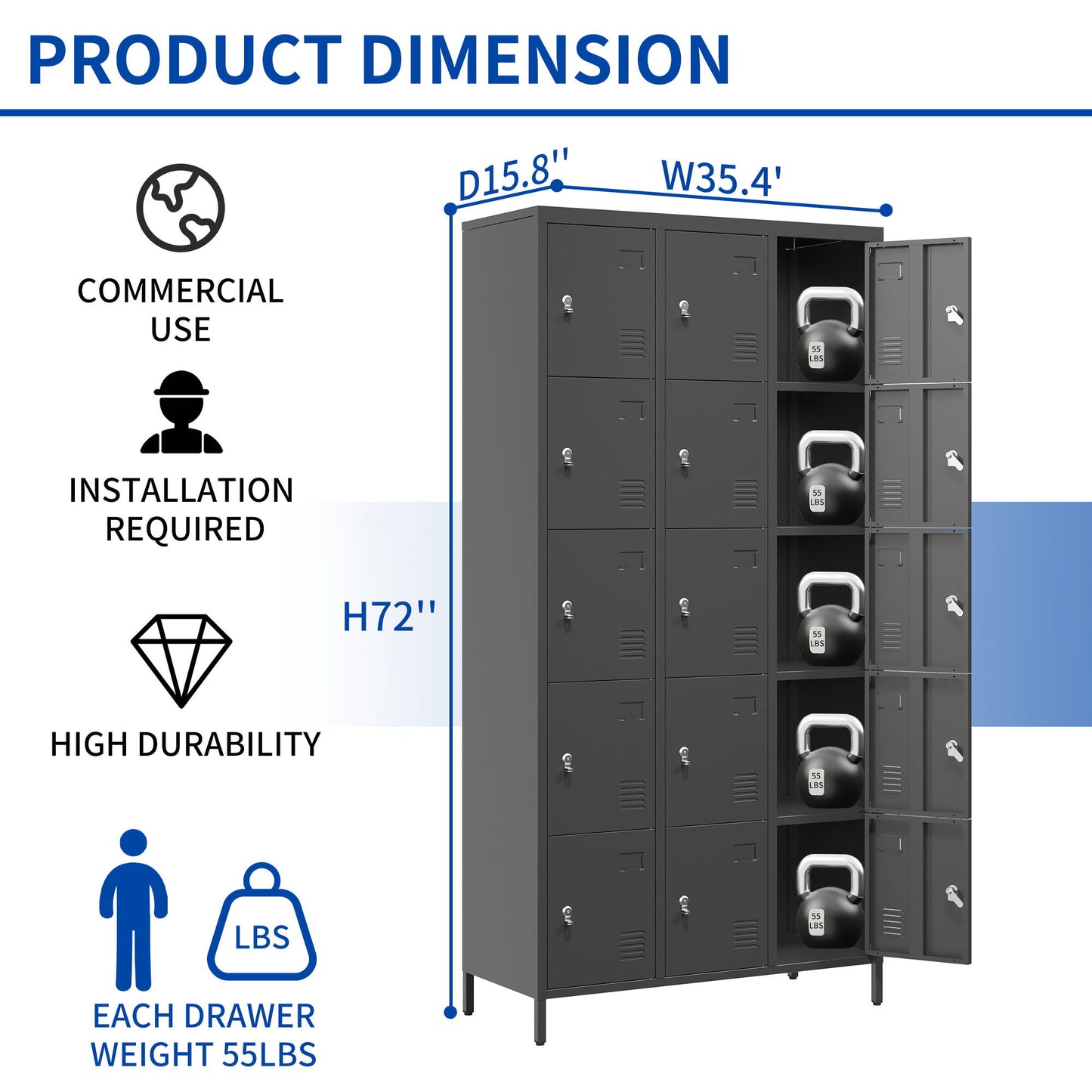 15 Door Lockers With Lock For Employee Storage - Black