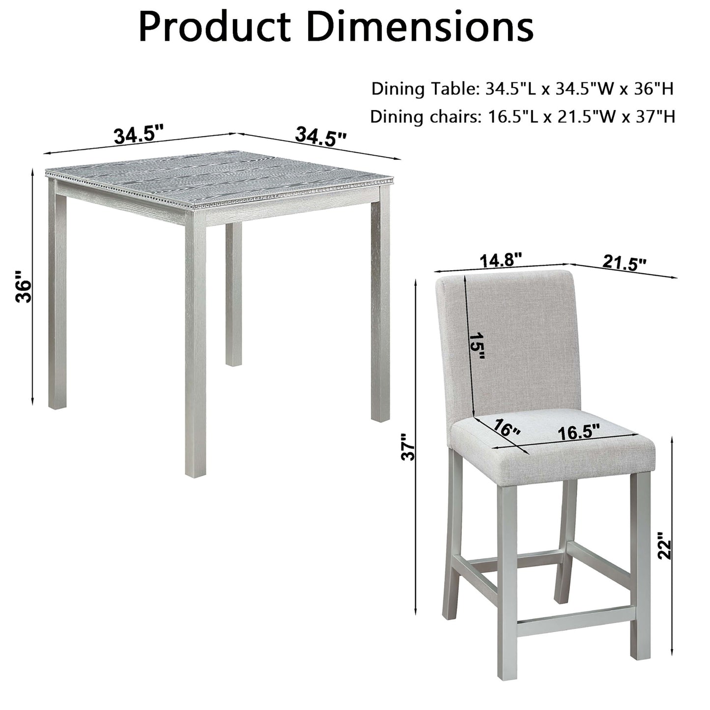 5 Piece Counter Height Table Set, Square Table And 4 Upholstered Chairs