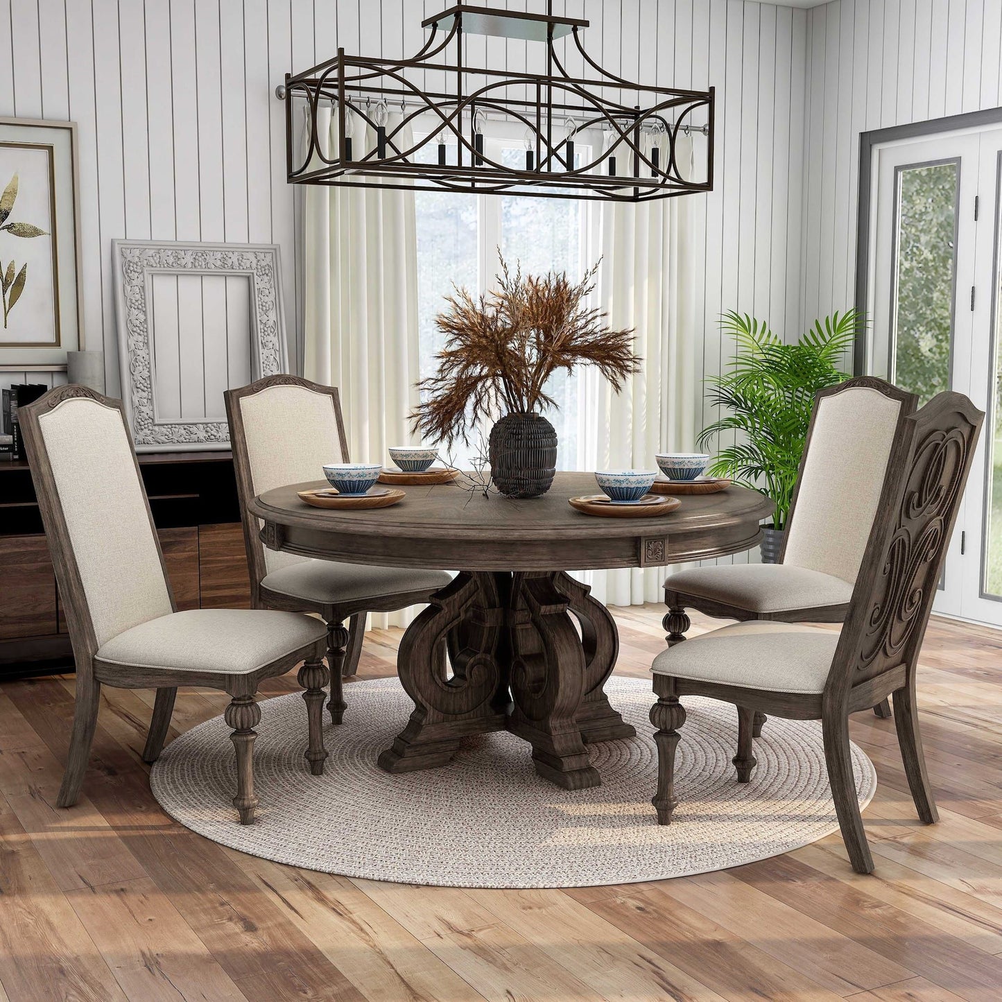 5 Piece Dining Set Round Table And Side Chairs - Ivory / Natural / Natural / Rustic
