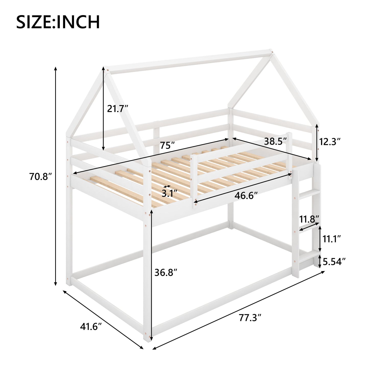 Twin Over Twin Low Bunk Bed, House Bed With Ladder - White
