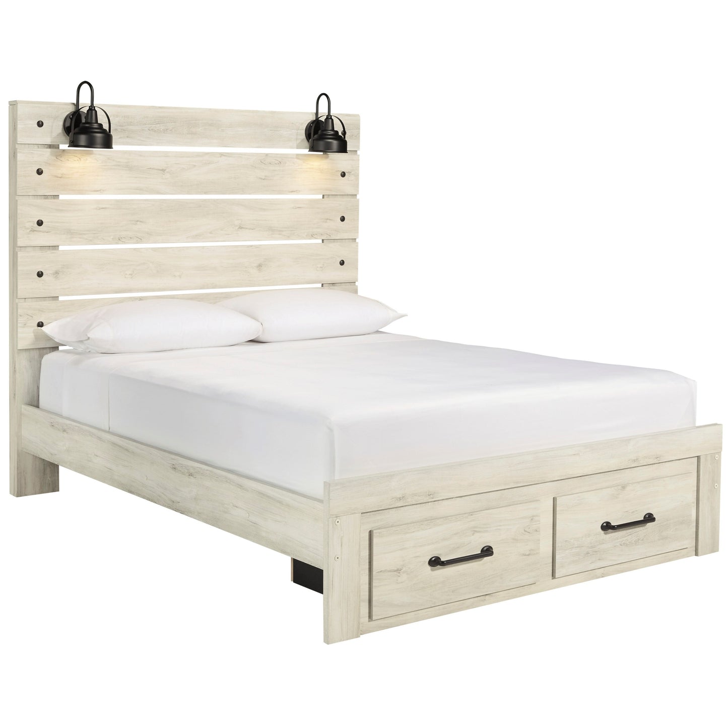 Rustic Queen Panel Bed w/ Lights & Footboard Drawers