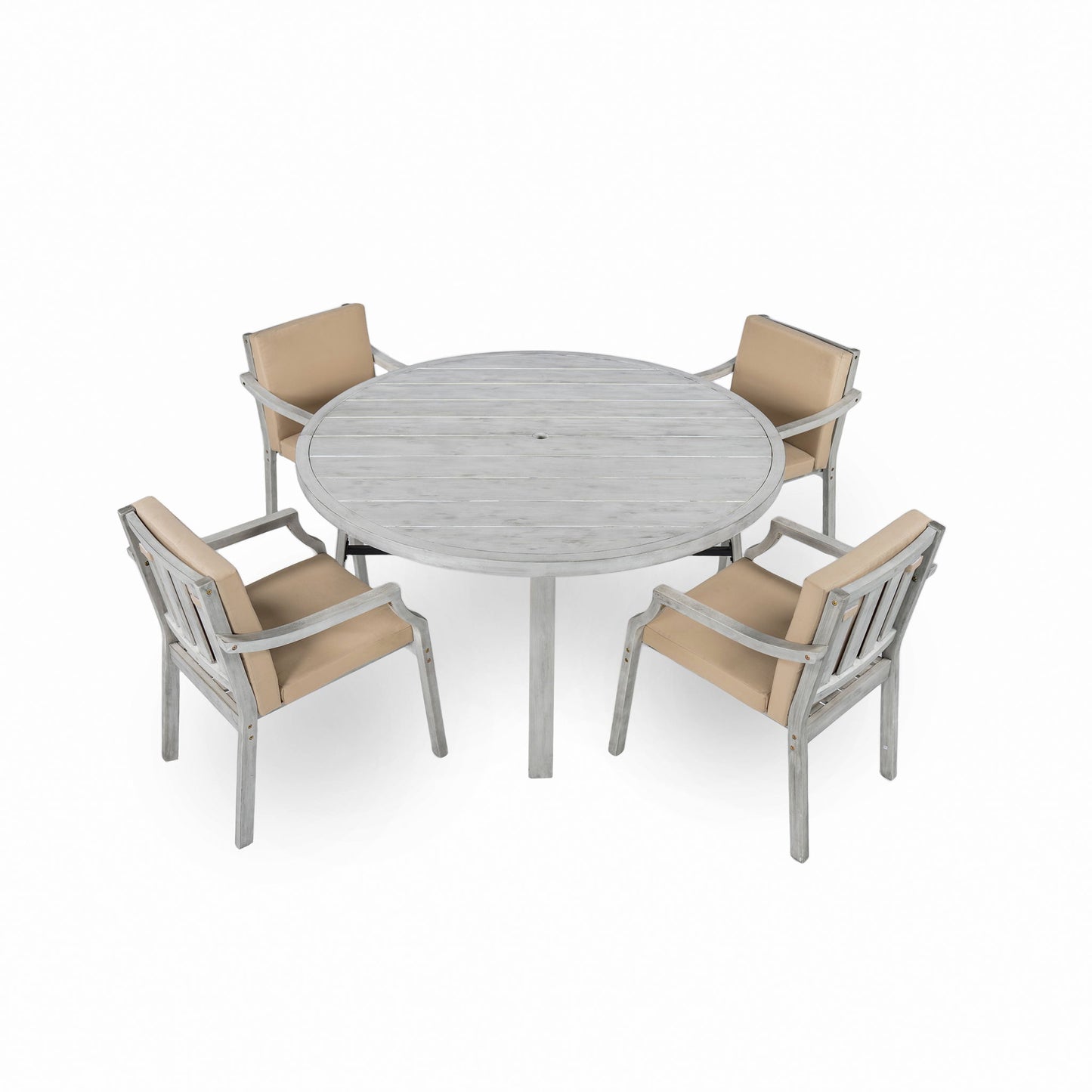 Outdoor Wooden Dinning Set With An Umbrella Hole And Removable Cushions For Patio