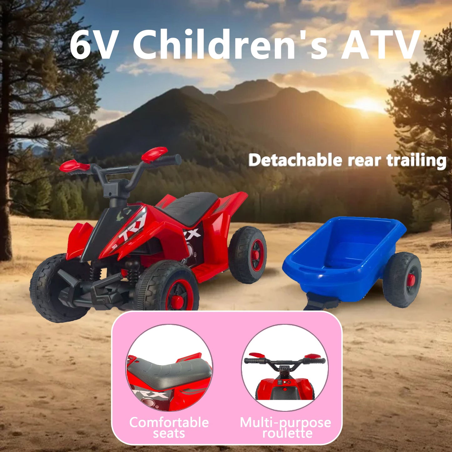 6V Kids Electric ATV With Headlights, Mp3, USB & Volume Control, 4 Wheel Ride-On Vehicle - Red