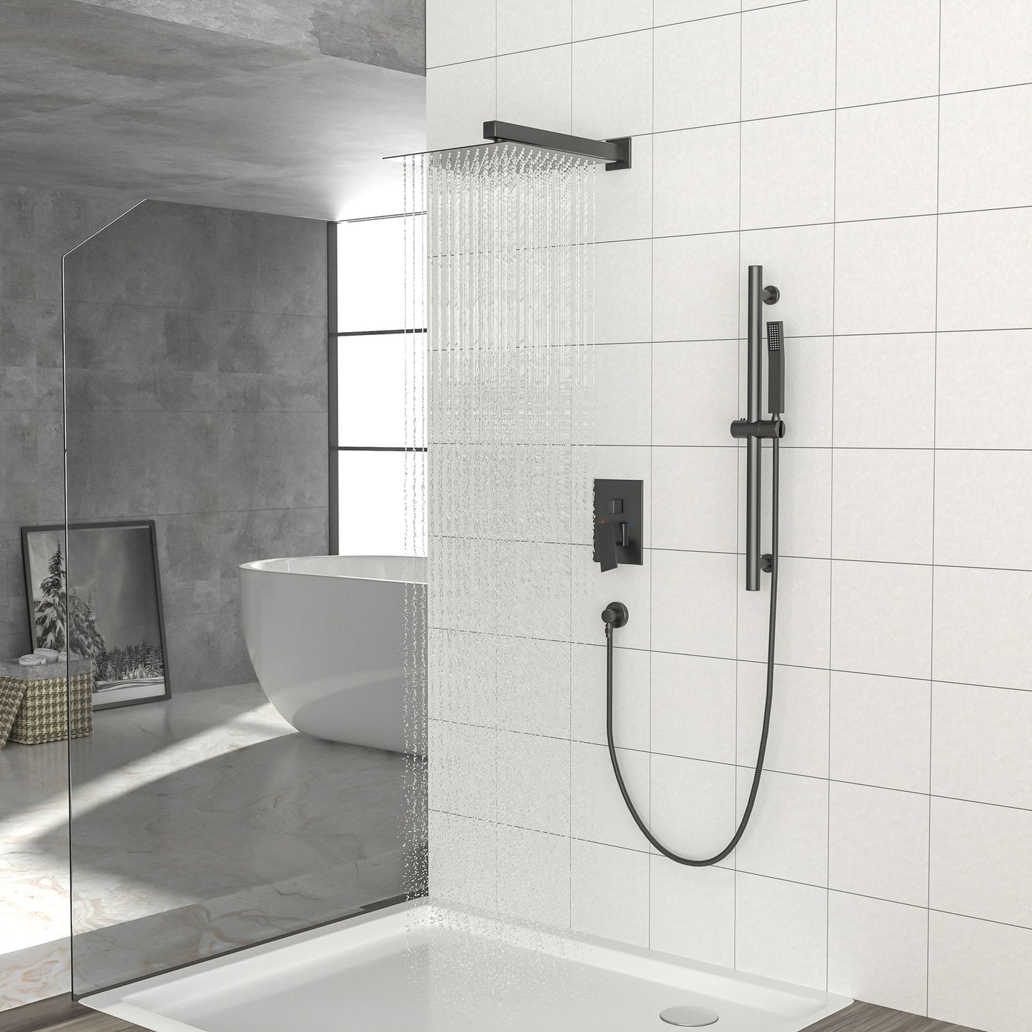 Wall Mounted Shower System With Adjustable Slide Bar And Rough In Valve - Matte Black