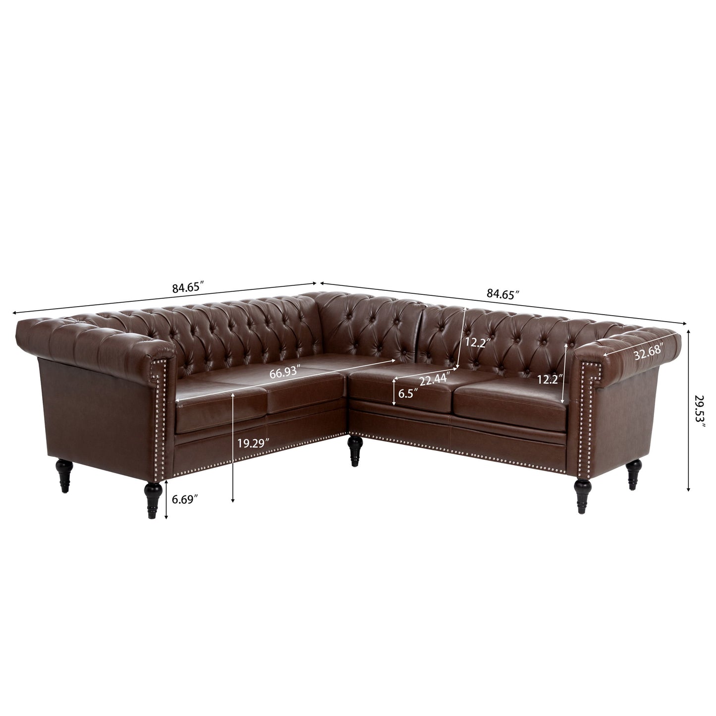 L Shaped Reversible Modern Chesterfield Sofa With Rolled Arms And Nailhead, 5 Seat Tufted Couch