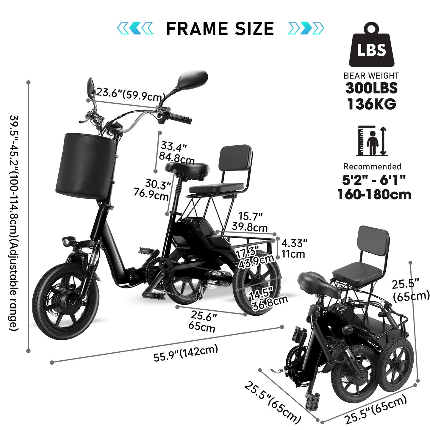 Folding Electric Trike With 350W Peak Motor, 480Wh Removable Battery, 2 Seat Design