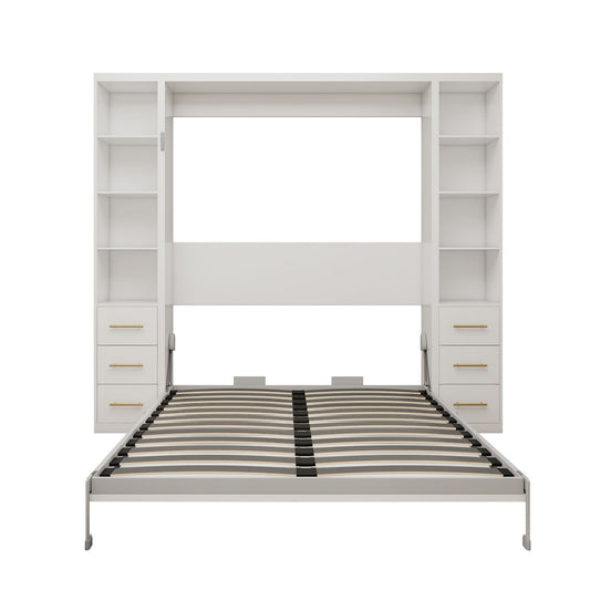 Queen Size Murphy Wall Bed With Side Storage Cabinets - White