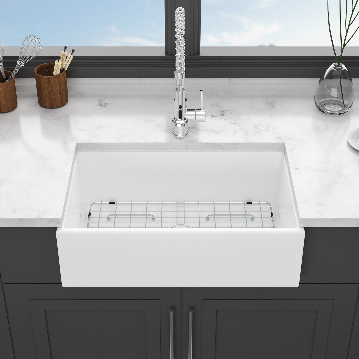 33" Undermount Sink With Apron Front, Single Bowl, Grid - White