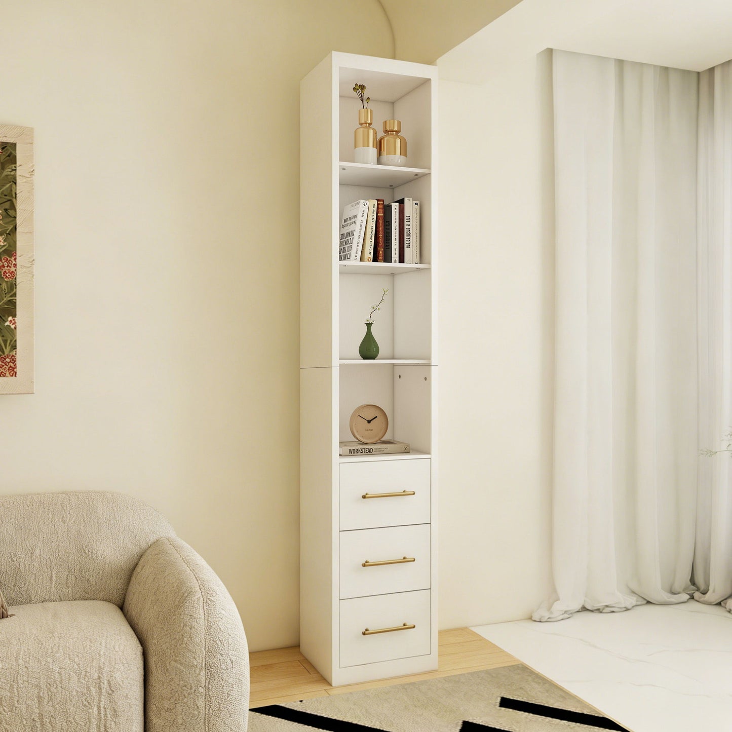 Rectangular Side Storage Cabinet With 3 Drawers For Bedroom - White