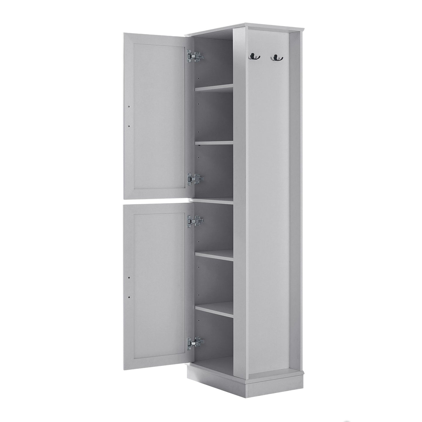 Tall Freestanding Bathroom Storage Cabinet With Adjustable Shelves And Side Hooks
