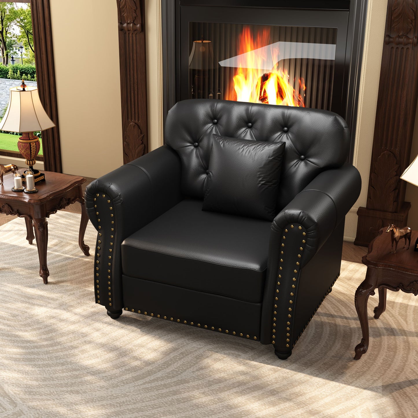 Upholstered Sofa With Nailhead Trim, Rolled Armrests With Ottoman