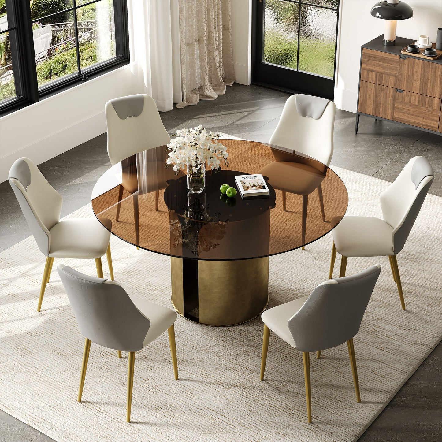 Modern Round Dining Table Set With Glass Top And Steel Legs