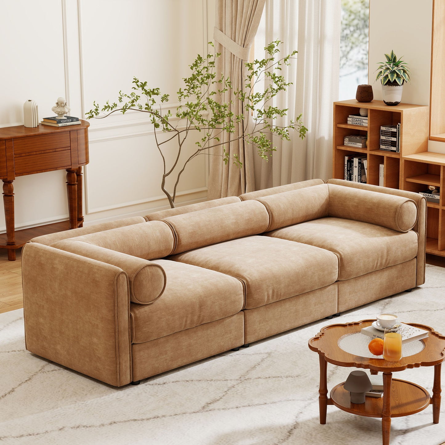 Stylish Chenille Sofa With Storage Seat And Cylindrical Backrest
