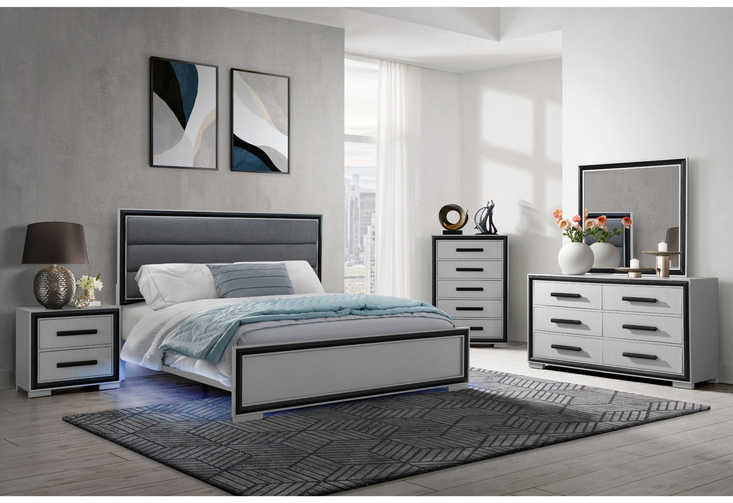 Amelia - Queen Bed With LED - Gray / Black