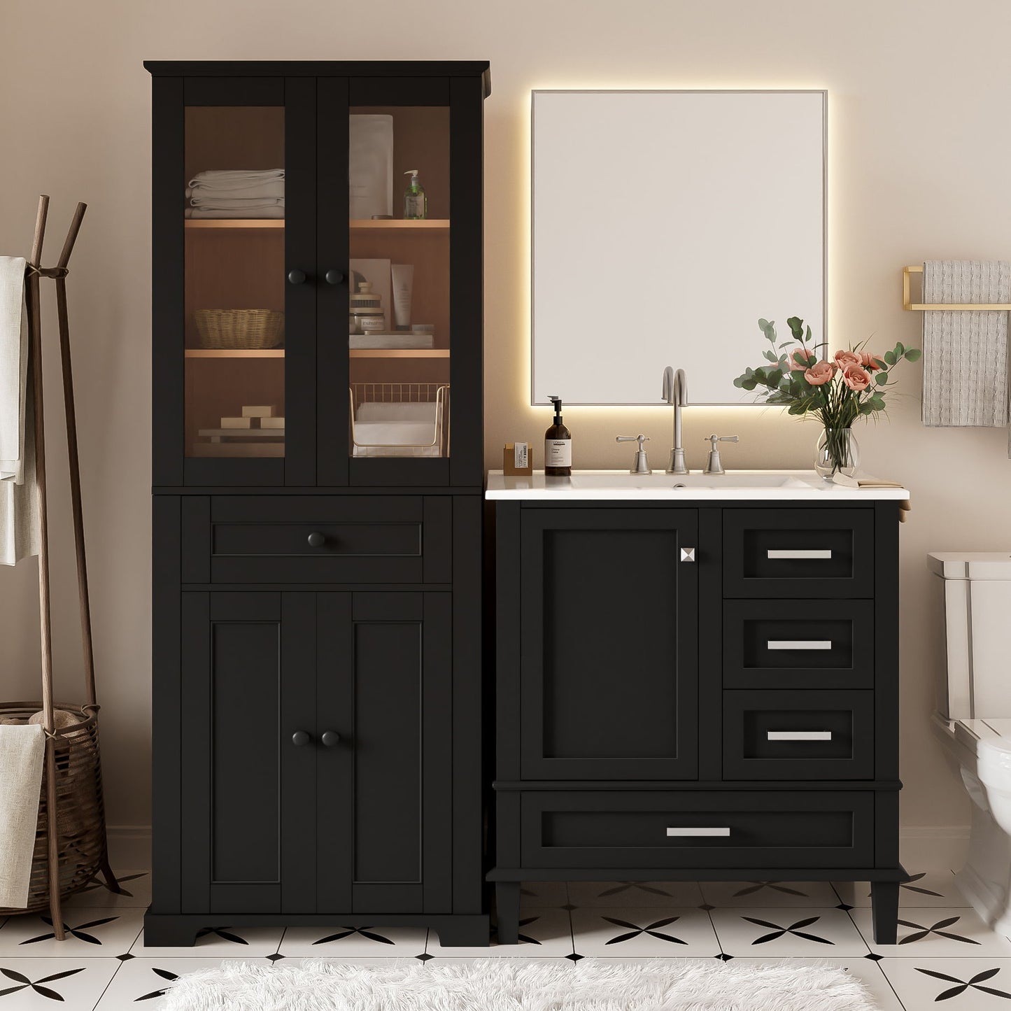 Bathroom Vanity & Tall Storage Cabinet Set With Doors, Adjustable Shelves, Soft Close Hinges, Sink