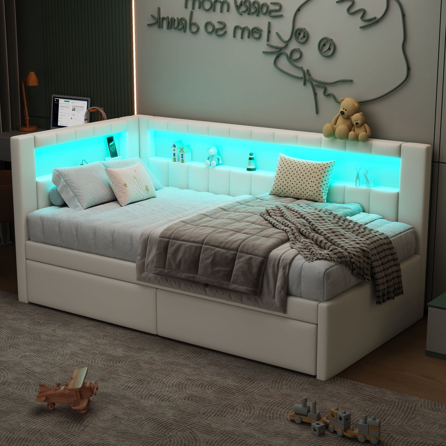 Upholstered Platform Bed With USB Ports And LED Belt
