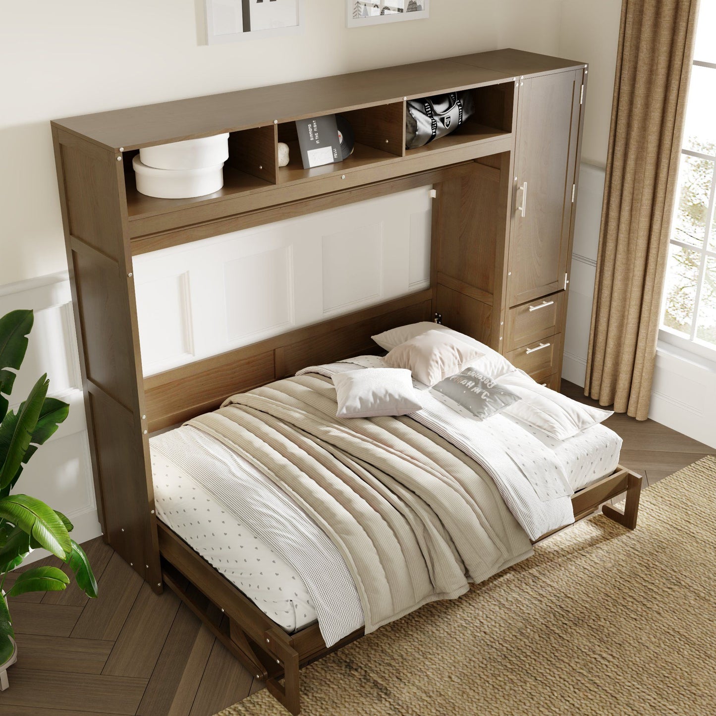 Full Size Murphy Bed With Wardrobe, Drawers, And Open Shelves - Wood