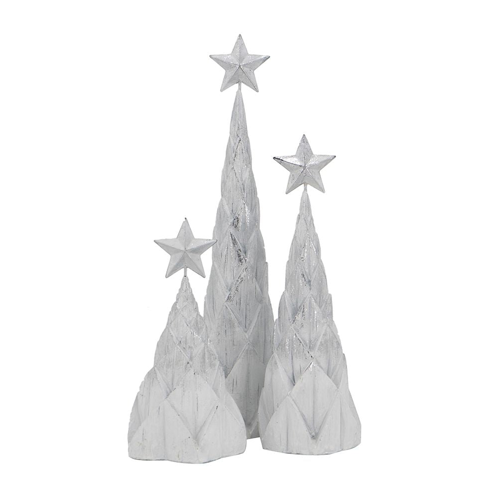 Resin / Foil Christmas Tree With Star Top (Set of 3) - White / Silver