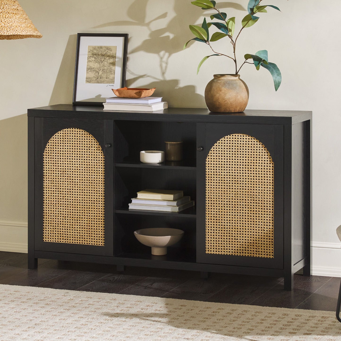 Transitional 2 Door Sideboard With Arched Rattan Panels