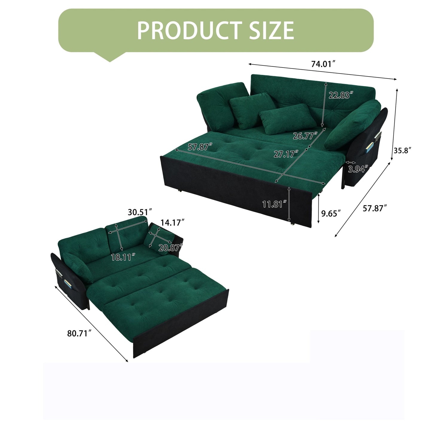 Modern Convertible Sleeper Sofa Bed With Pull-Out Queen Design, Side Storage & Thick Cushions