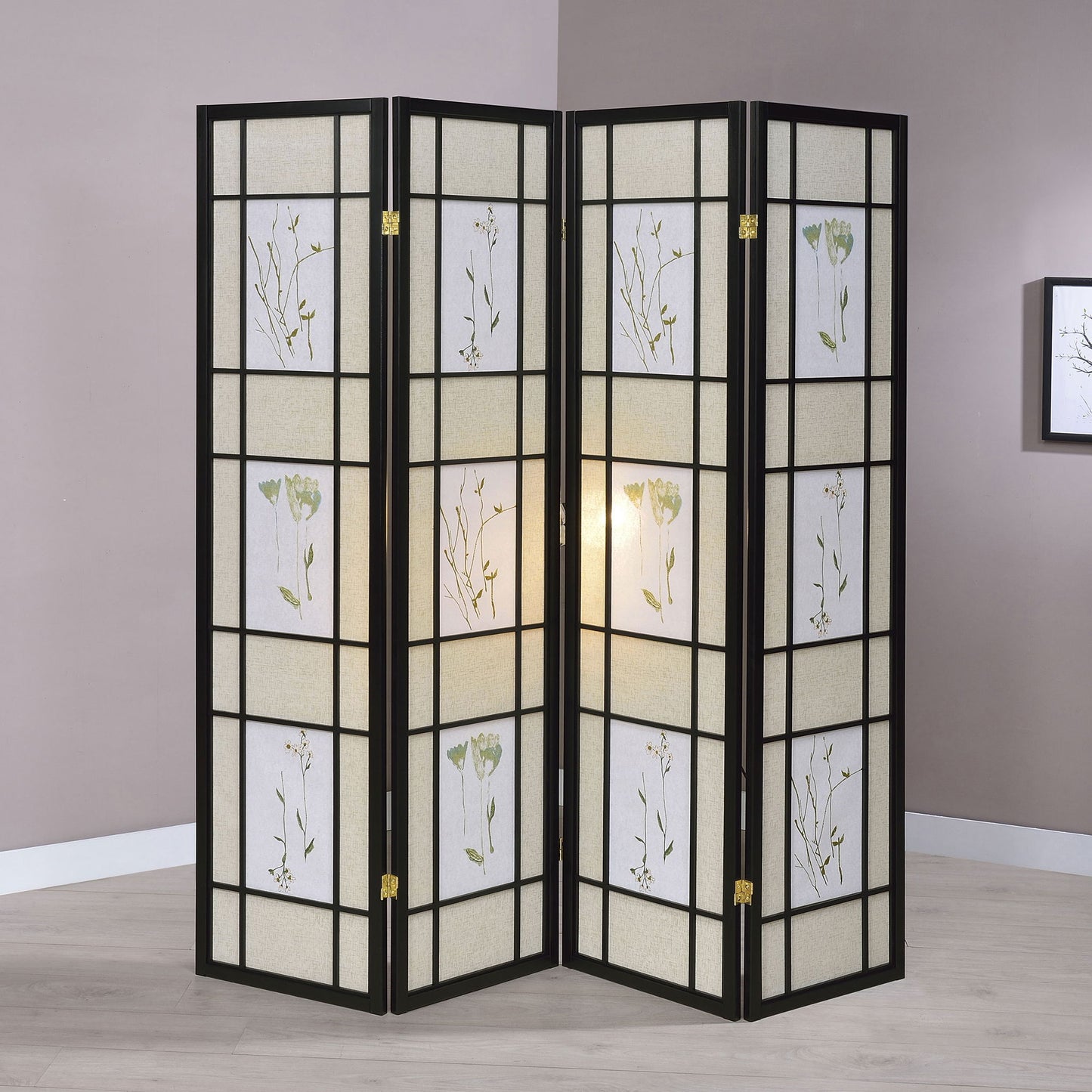 4 Panel Folding Screen With Floral Motif - Black