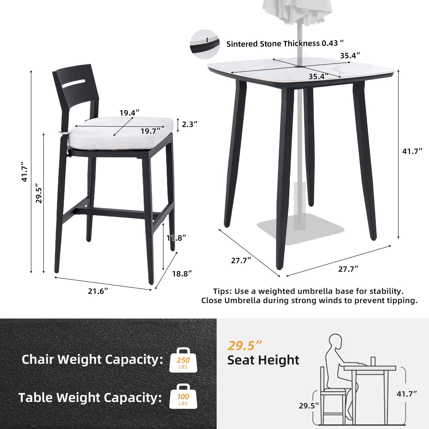 Modern Outdoor Patio Bar Set, Rounded Square Table & Bar Chairs, Non Rust Frame, Tapered Legs, Sunbrella Cushion
